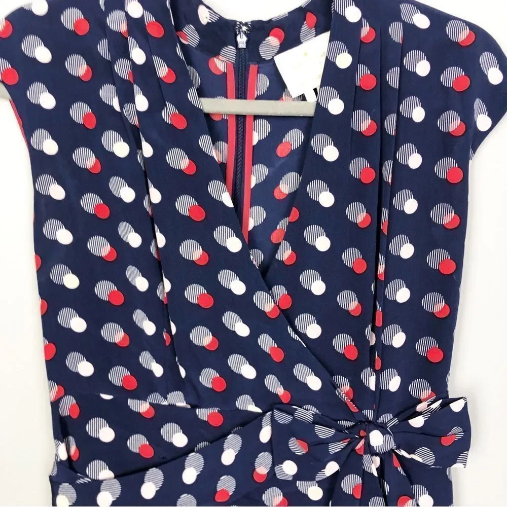 KATE SPADE | Villa Polka Dot Faux Wrap Silk Dress Blue Red Women’s Size 8